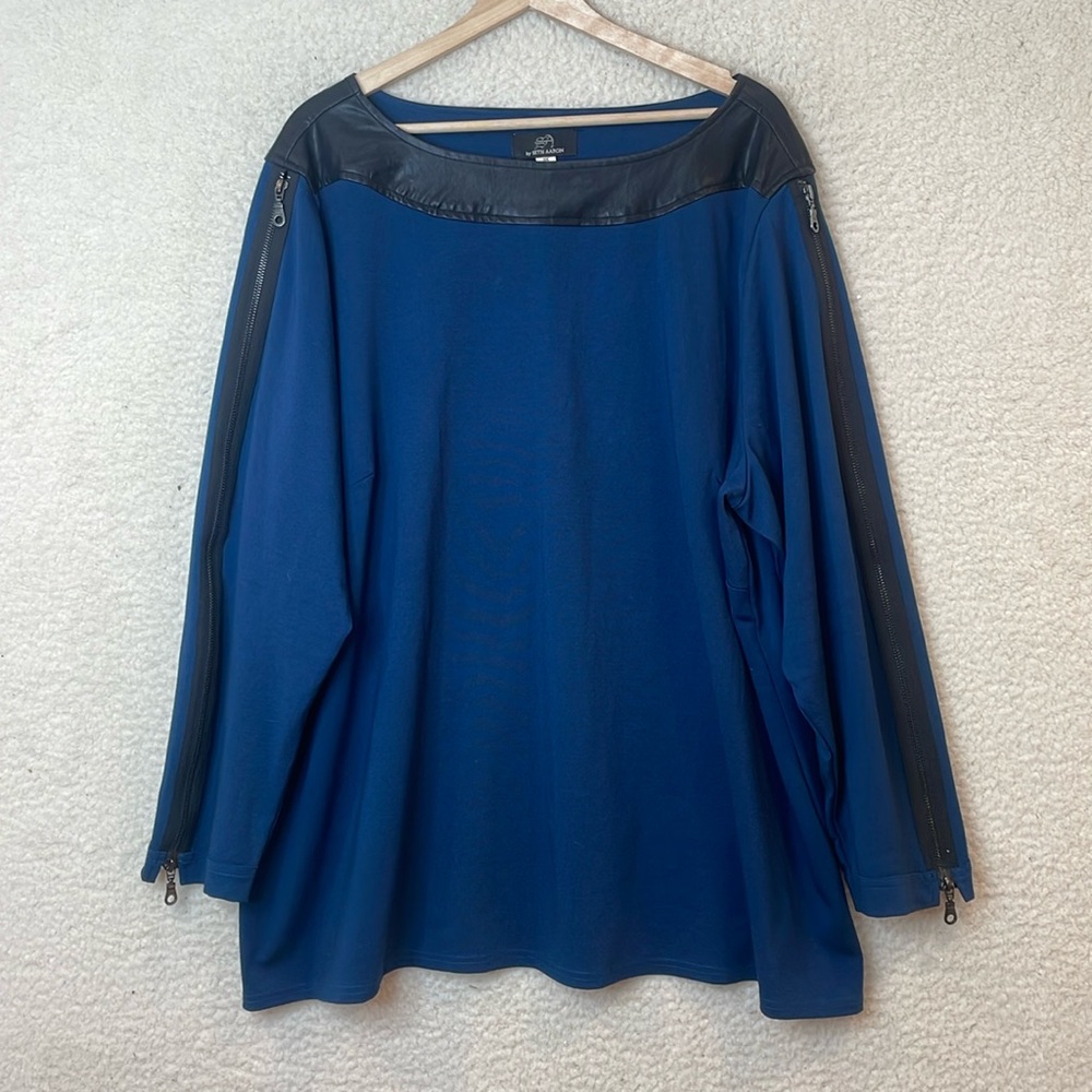 Seth Aaron Womens Navy Leather Zipper Embellished Longsleeve Top SIZE 3X PLUS